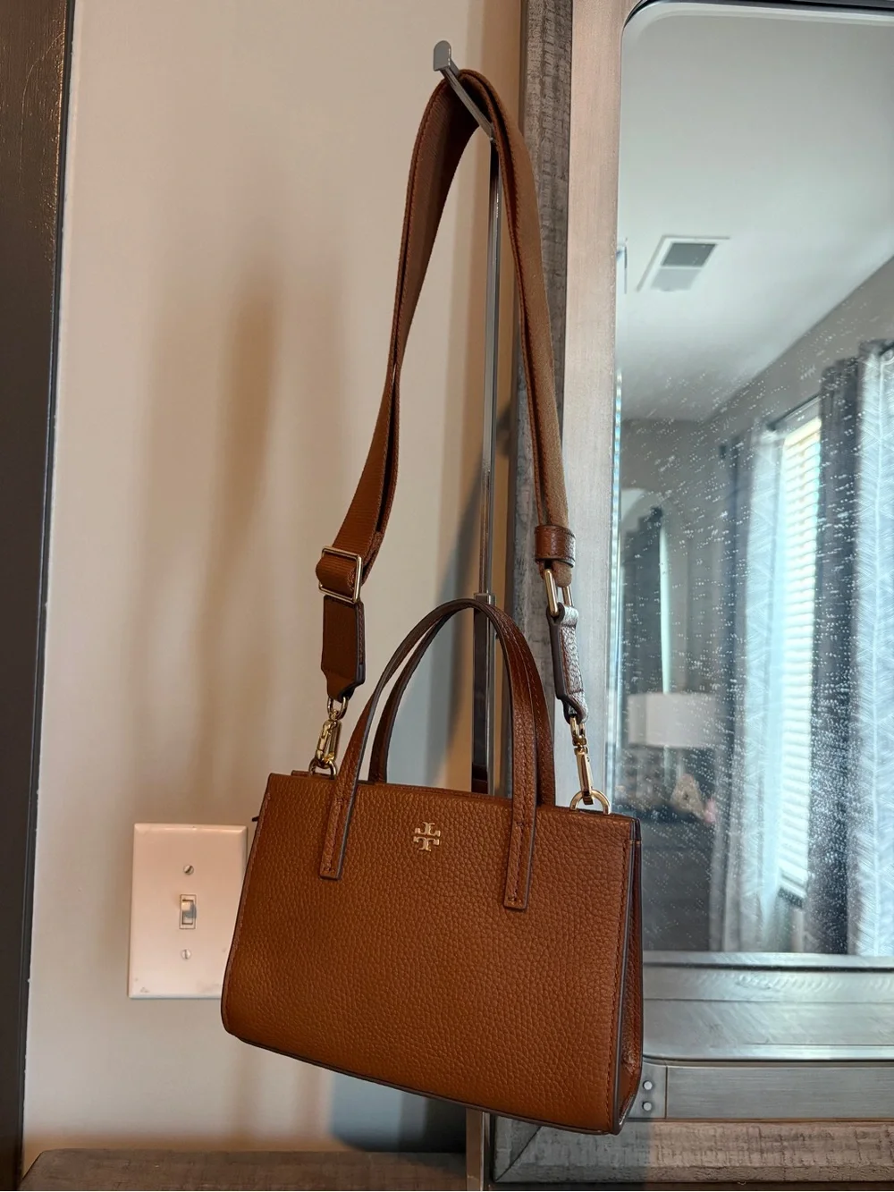 Tory Burch Cognac Pebbled Leather Satchel with Wide Strap